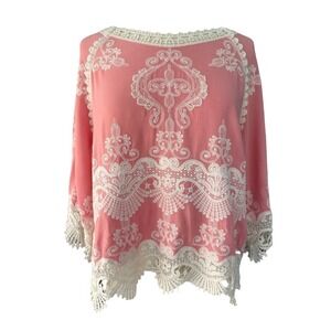 Leo & Nicole Lace Overlay Jubilee Pink Peasant Shirt PM Modern Boho Eclectic